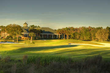 A view of the clubhouse and hole #18 at Westchase Golf Club